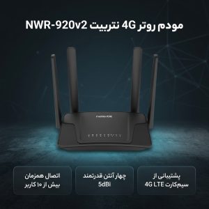 مودم روتر 4G خانگی نتربیت مدل NWR-M920v2 با پشتیبانی سیم‌کارت LTE/3G، استاندارد IEEE 802.11b/g/n، چهار آنتن 5 دسی‌بل، فایروال SPI و NAT، اتصال همزمان بیش از 10 کاربر