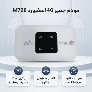 مودم جیبی 4G LTE اسفیورد مدل M720 با باتری 3000 میلی‌آمپر ساعت، پشتیبانی از 4.5G، اتصال همزمان تا 10 کاربر، سرعت دانلود 150 مگابیت بر ثانیه، وای‌فای 802.11b/g/n و قابلیت اتصال USB