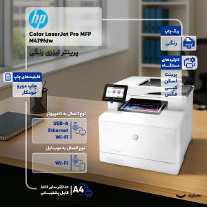 پرینتر اچ پی رنگی چهار کاره با چاپ لیزری مدل Color LaserJet Pro MFP M479fdw، سایز چاپ A4، قابلیت چاپ دو رو، شماره‌گیری خودکار