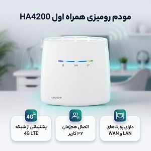 مودم رومیزی 4G همراه اول مدل HA4200 پشتیبانی LTE و Wi-Fi، اتصال هم‌زمان 32 کاربر، پورت LAN و WAN، قابلیت مدیریت از طریق پنل وب، همراه کارت هدیه فعال‌سازی سیم‌کارت اعتباری و 70 گیگابایت اینترنت هدیه یک‌ساله