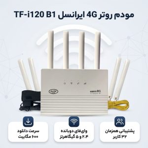 مودم روتر 4G ایرانسل مدل TF-i120 B1 با حمایت LTE Cat 12، سرعت دانلود 600 مگابیت، آپلود 100 مگابیت، وای‌فای دوبانده 2.4 و 5 گیگاهرتز، پشتیبانی همزمان 32 کاربر، چهار پورت اترنت و قابلیت اتصال بی‌سیم و باسیم