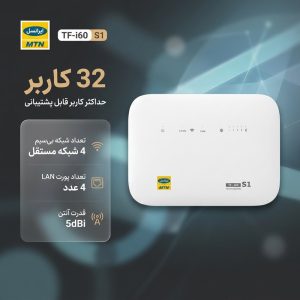 مودم 4G/TD-LTE خانگی ایرانسل مدل TF-i60 S1 با پشتیبانی هم‌زمان 32 کاربر، 4 شبکه بی‌سیم مستقل، 4 پورت LAN، آنتن 5dBi و سیم‌کارت 300 گیگابایت اینترنت 6 ماهه
