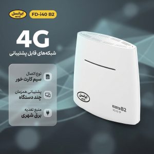 مودم رومیزی سیم‌کارت خور 3G/4G ایرانسل مدل FD-i40 B2 با پشتیبانی همزمان چند دستگاه، اتصال اینترنت پرسرعت 4G، منبع تغذیه برق شهری و پورت USB، مناسب استفاده خانگی، اداری و گیمینگ