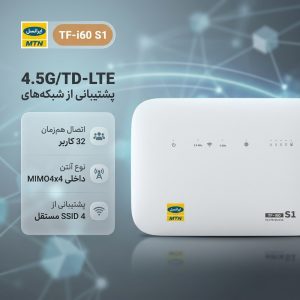 مودم 4G ایرانسل مدل TF-i60 S1 با پشتیبانی شبکه‌های 4G، 4.5G، TD-LTE و 3G، قابلیت اتصال هم‌زمان 32 کاربر، پشتیبانی از 4 SSID مستقل و آنتن داخلی MIMO4x4