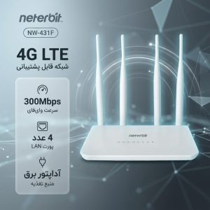 مودم 4G LTE نتربیت مدل NW-431F با پشتیبانی از استاندارد Wi-Fi 4، سرعت 300Mbps در باند 2.4GHz، چهار پورت LAN برای اتصال سیمی پایدار و منبع تغذیه آداپتور برق